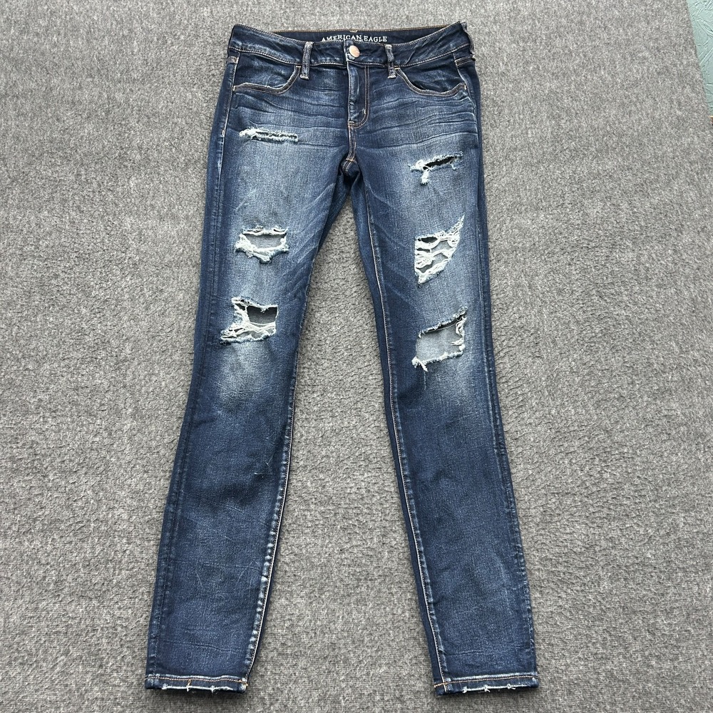 American Eagle Super Low Jegging Distressed Dark Wash 12 Long Blue Denim